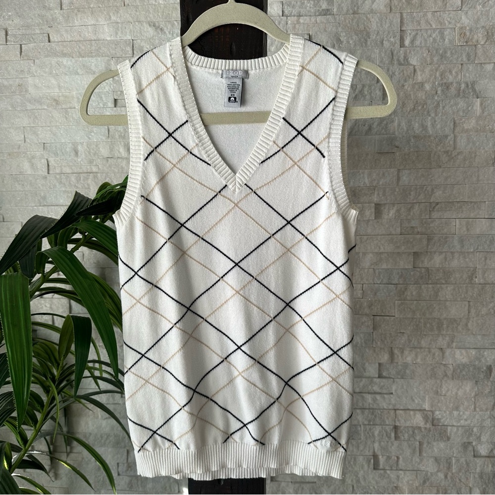 IZOD Golf Plaid Cream Sleeveless Cotton Vest Blouse Size XS